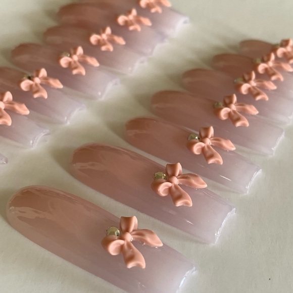 French Ombre Acrylic Nails with Nude Bows and Crystals - Picture 3 of 6
